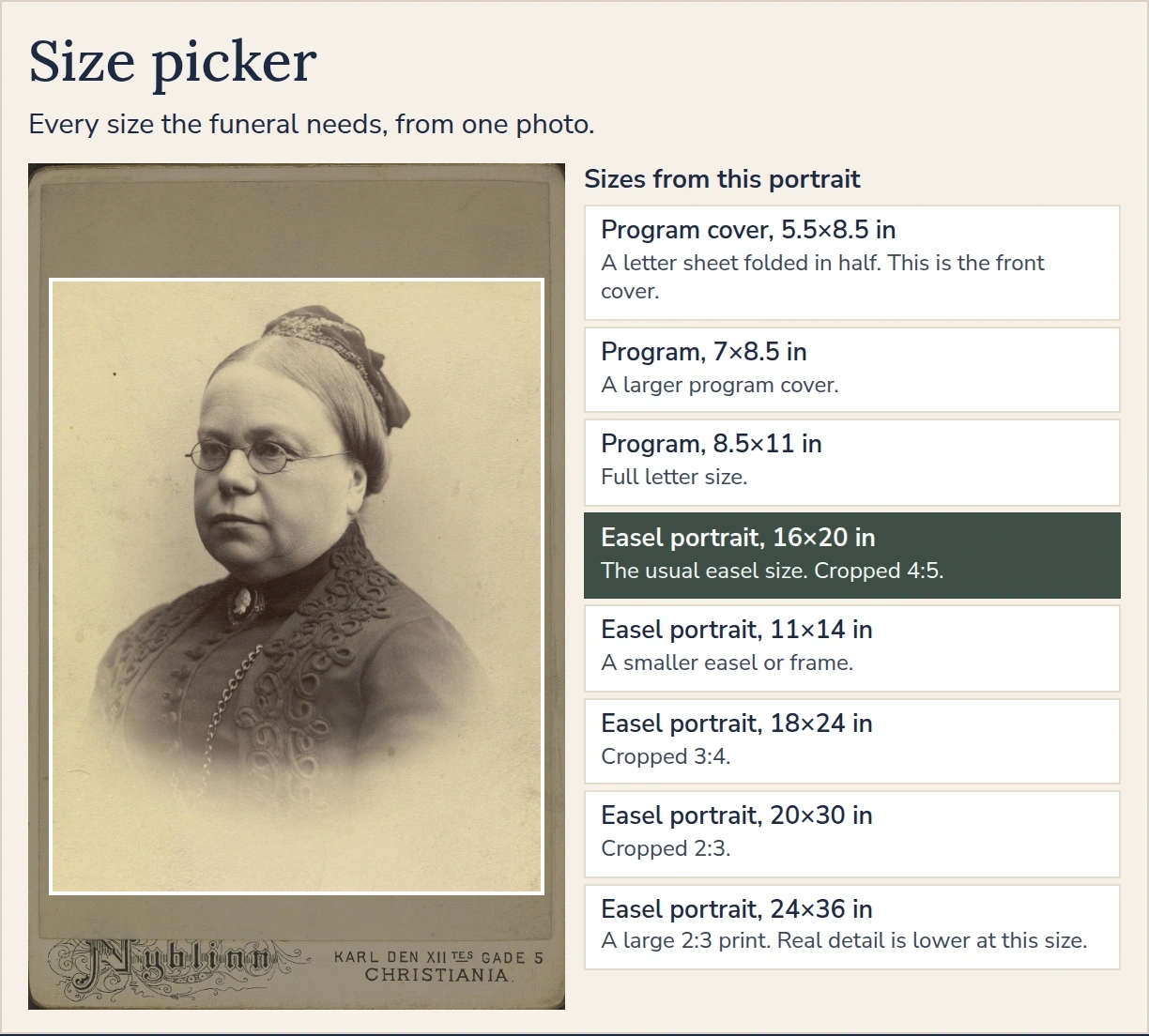 Size picker. A photograph of an elderly woman with glasses sits in a crop frame beside the print sizes, with the 16 by 20 easel portrait selected.